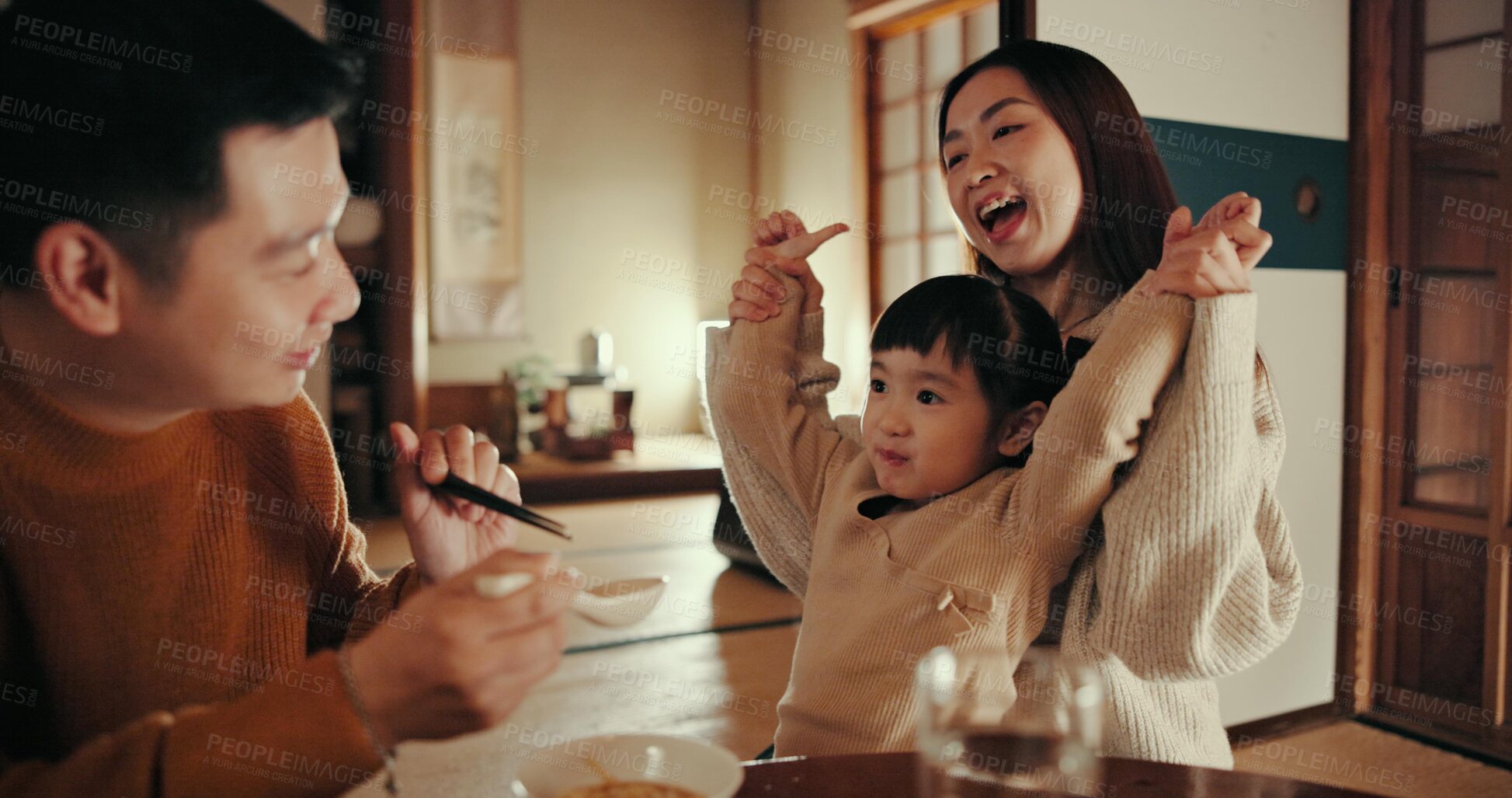 Buy stock photo Family, excited and dinner with girl, parents and Japanese with meal, smile and home with happiness. Mother, apartment and father with kid, food and bonding together with nutrition, feeding or eating