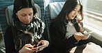 Women, travel and train by smartphone on social media and public transport on metro bullet in japan. Friends, cellphone or diversity on fast vehicle on weekend trip or commute in tokyo on adventure