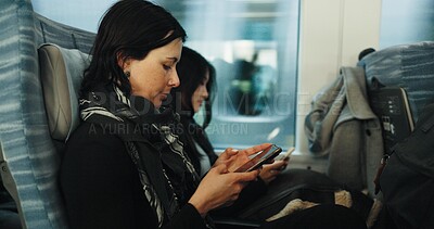 Buy stock photo Women, reading and train by smartphone on social media and public transport on metro bullet in japan. Friends, cellphone or diversity on fast vehicle on weekend trip or commute in tokyo on adventure