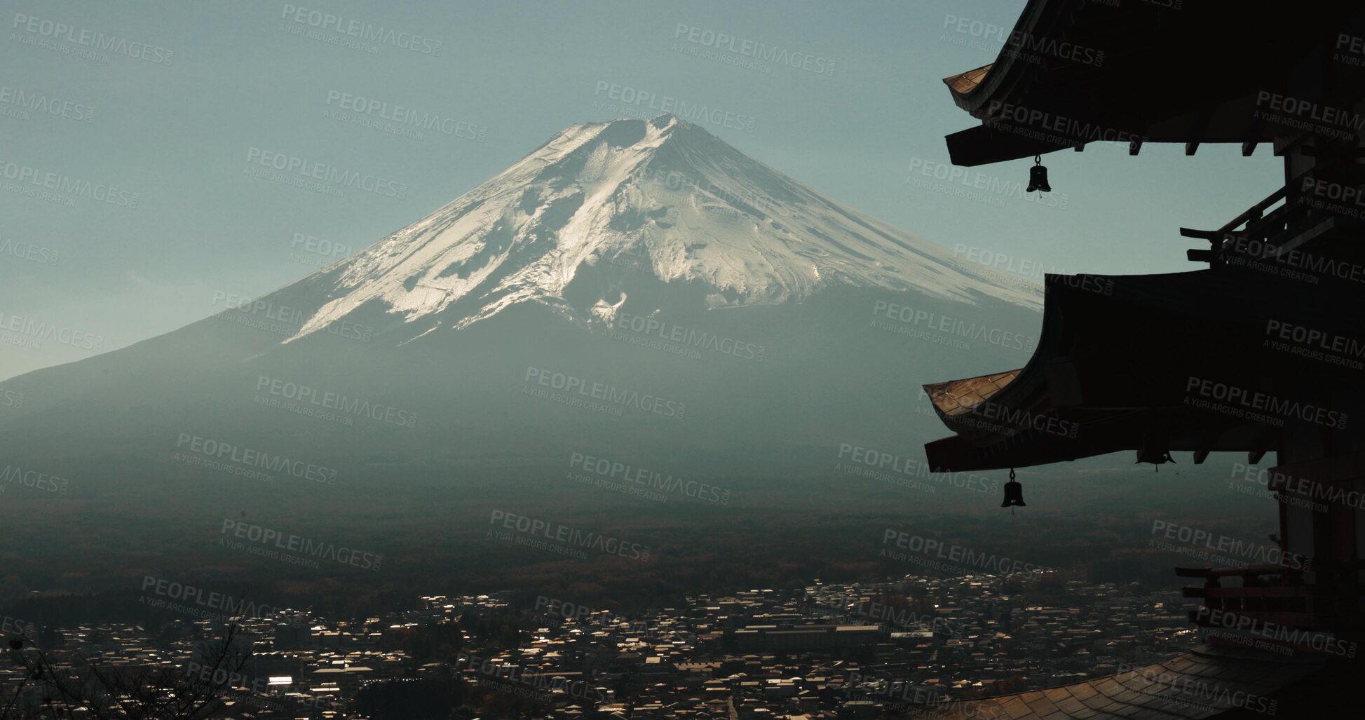 Buy stock photo Chureito Pagoda, Mount Fuji and city in morning with temple, trees and blue sky on travel. Japanese architecture, culture and spiritual history with view of mountain, snow and calm Asian landscape.