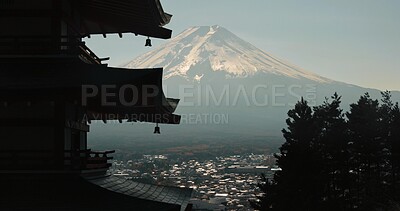 Buy stock photo Chureito Pagoda, Mount Fuji and view of city in morning with temple, trees and blue sky on travel. Japanese architecture, culture and spiritual history with mountain, snow and calm Asian landscape.