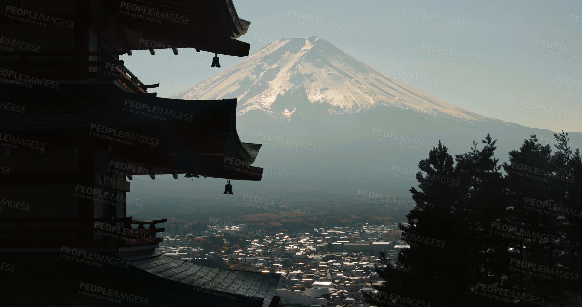 Buy stock photo Chureito Pagoda, Mount Fuji and view of city in morning with temple, trees and blue sky on travel. Japanese architecture, culture and spiritual history with mountain, snow and calm Asian landscape.