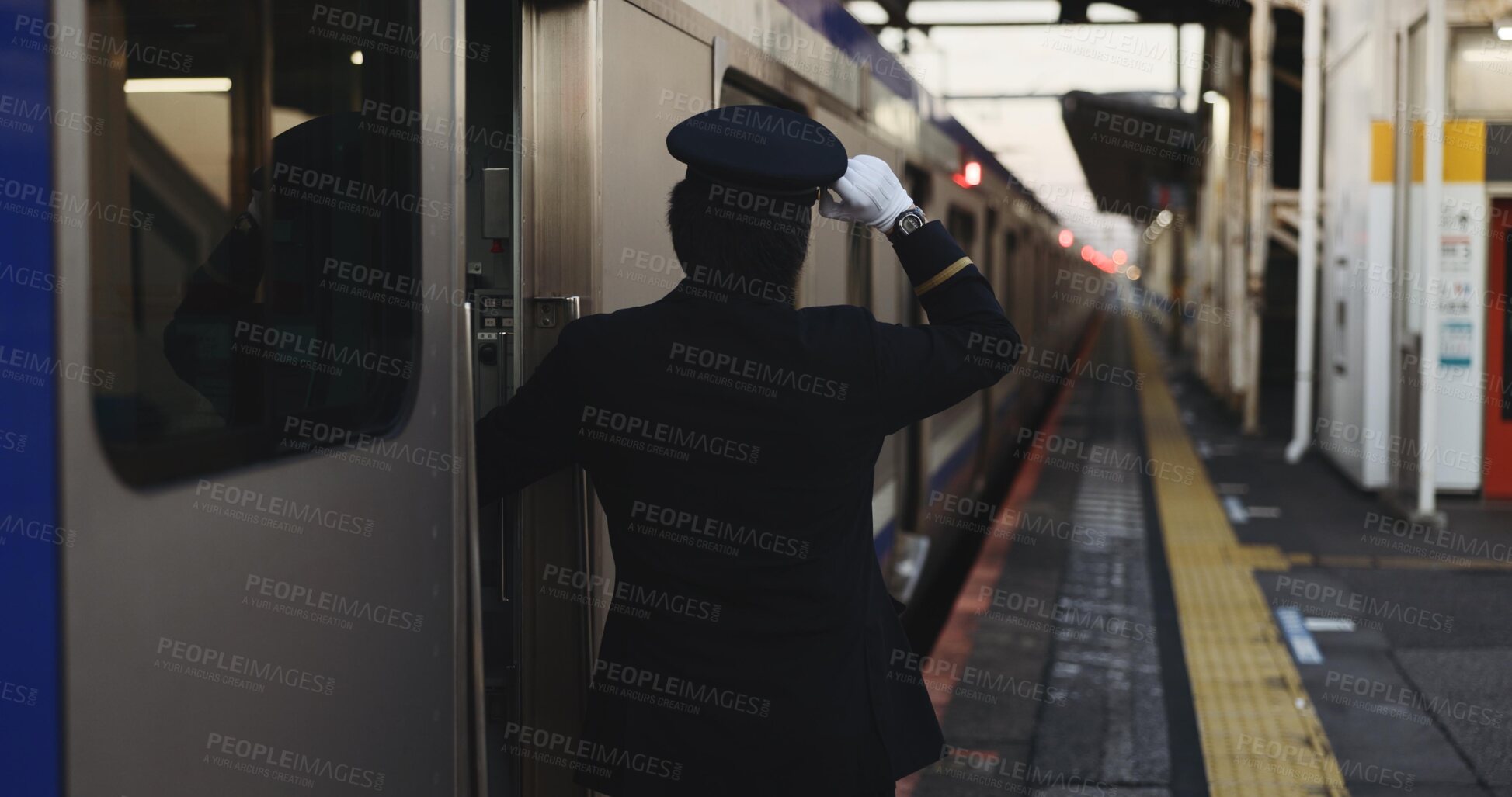 Buy stock photo Train, platform and conductor at station for travel, commute and journey on railway transportation. Public transport, underground railroad service and back of man for departure, arrival and subway