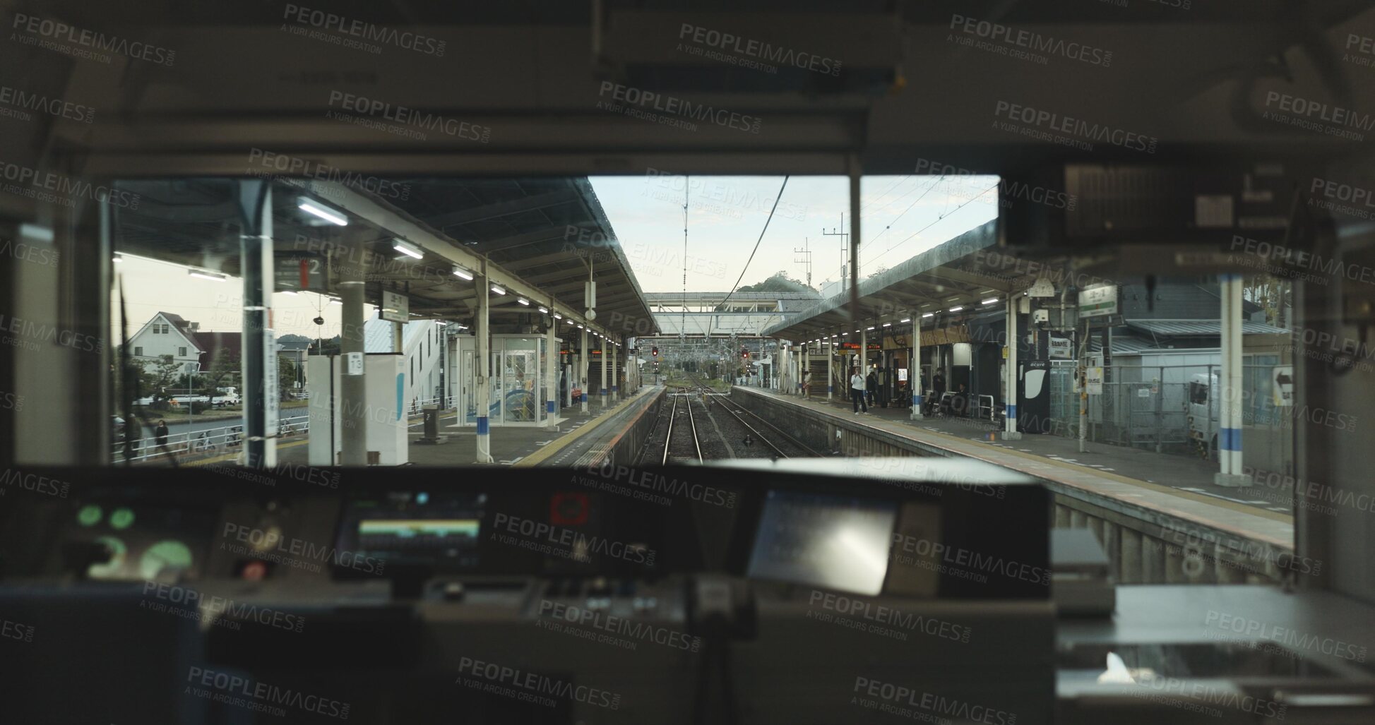 Buy stock photo Train, window and travel with control panel, buttons or technology for transportation on track. Windscreen, machine and screen in locomotive by dashboard, railway infrastructure or journey in Tokyo