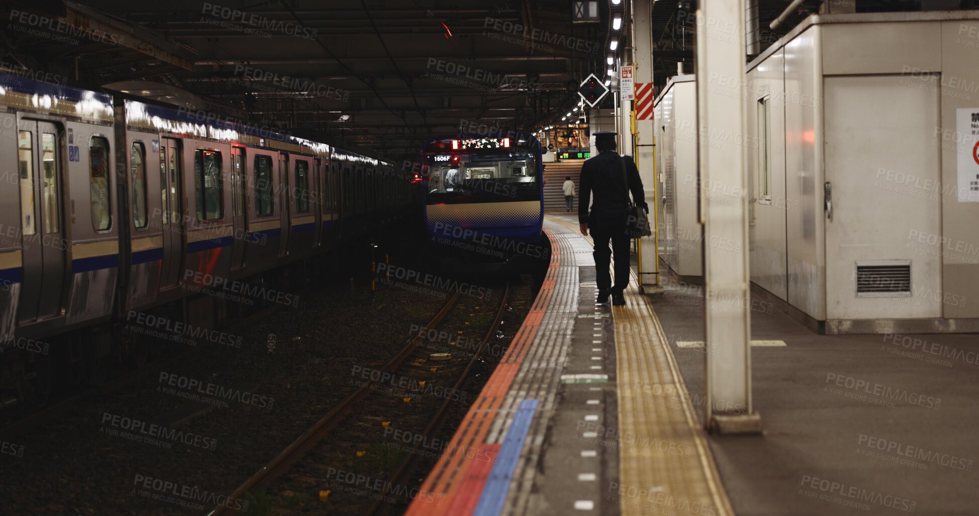 Buy stock photo Train, platform and man at station for travel, commute or journey on railway transportation. Public transport, underground railroad service and back of person walking for departure, arrival or subway