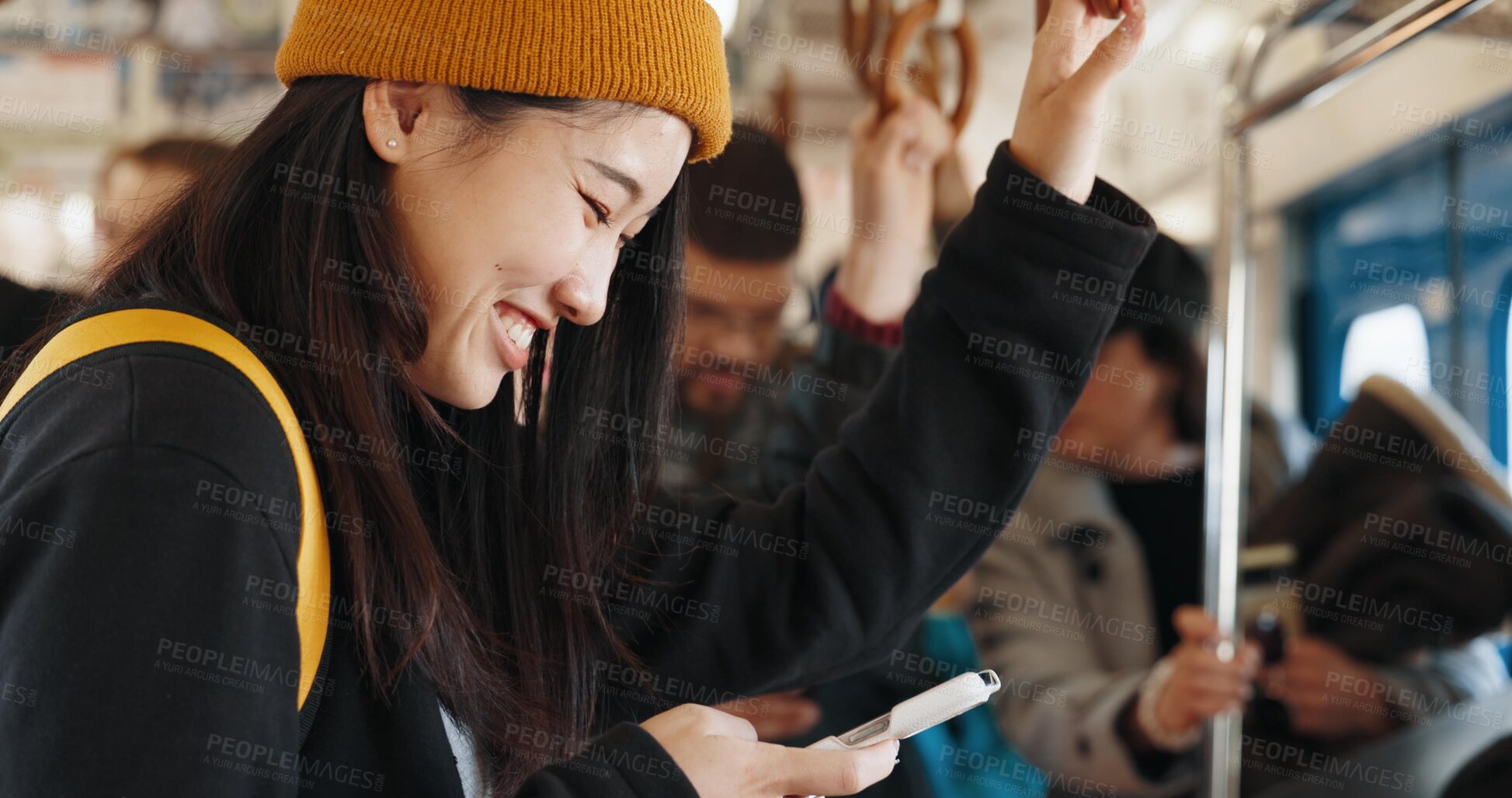 Buy stock photo Japan woman, happy and train on smartphone, social media and public transportation on metro bullet. Person, cellphone and smile on fast vehicle for weekend trip and commute in tokyo for adventure