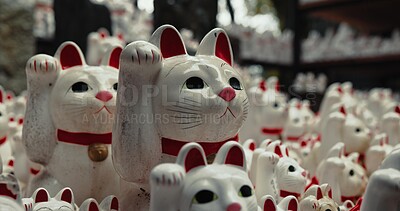 Lucky cat, religion and Shinto shrine in nature, trees and forest with wish, faith or trees in environment. Animal, toys and temple for statue, worship or Buddhism with icon, symbol or wave in Japan