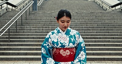 Buy stock photo Japanese woman, travel and kimono by stairs, urban city and heritage for outdoor adventure. Young person, religion and traditional clothes in tokyo town with peace, respect and indigenous fashion