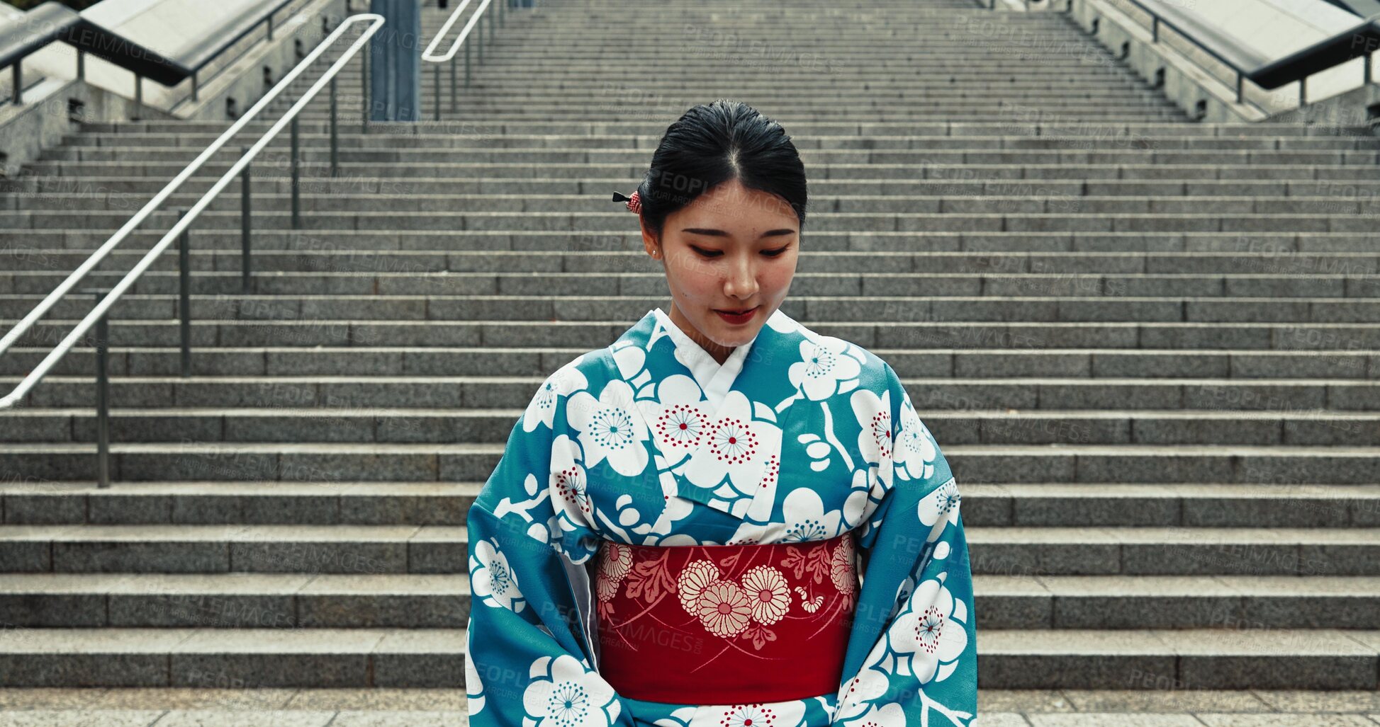 Buy stock photo Japanese woman, travel and kimono by stairs, urban city and heritage for outdoor adventure. Young person, religion and traditional clothes in tokyo town with peace, respect and indigenous fashion