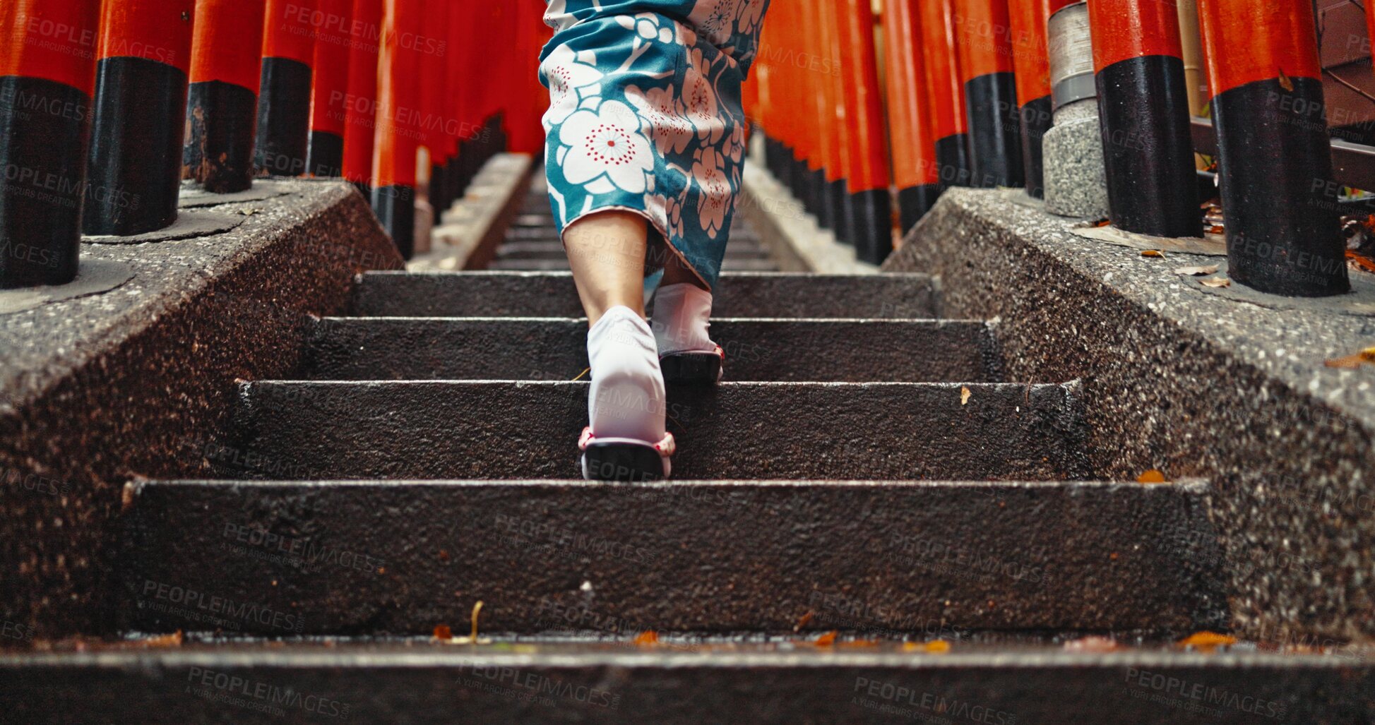 Buy stock photo Woman, shinto culture or walk by stairs in japan, spiritual path or indigenous religion in kimono. Person, traditional clothes or worship in peace, respect or back by Fushimi Inari Taisha in kyoto