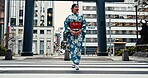 Woman, Japanese traditional clothes and walking in city, zebra crossing and travel with journey outdoor. Fashion, adventure and urban street in Kyoto, kimono or dress for culture and style with trip