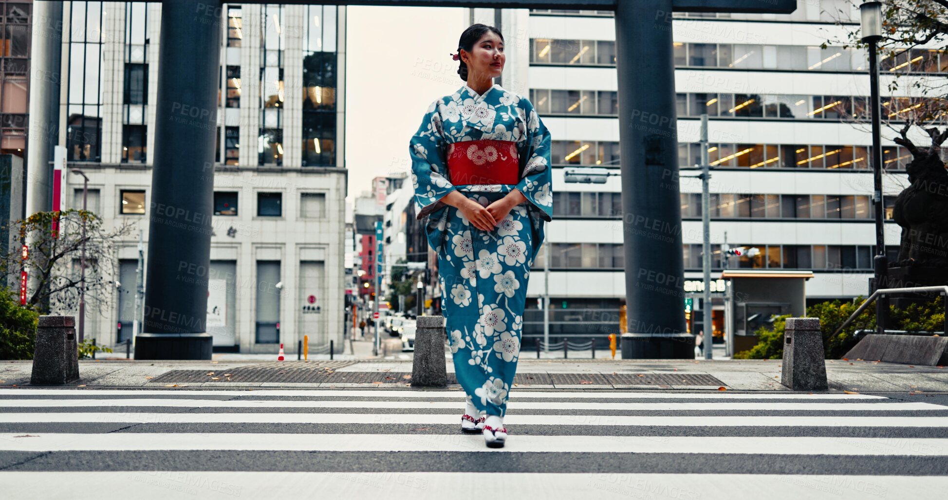 Buy stock photo Woman, Japanese traditional clothes and walking in city, zebra crossing and travel with journey outdoor. Fashion, adventure and urban street in Kyoto, kimono or dress for culture and style with trip