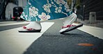 Japanese woman, feet and walking in kimono in city, journey and wellness for heritage celebration. Person, steps and traditional clothes in tokyo for holiday and pedestrian crossing in japan fashion