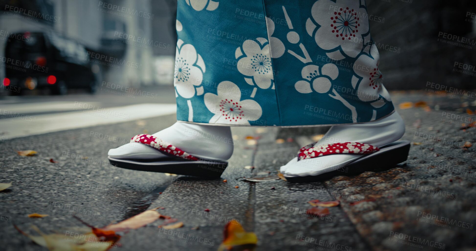 Buy stock photo Feet, Japanese shoes and traditional with walk in city for travel and journey outdoor. Fashion, adventure and urban street in Kyoto, kimono for culture and style with person on local trip for tourism