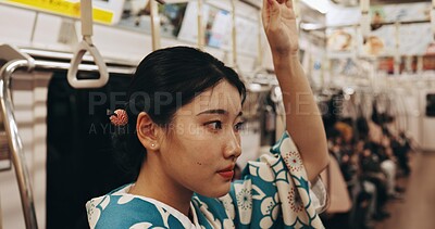 Buy stock photo Japanese woman, travel or train in kimono on public transportation, vacation or metro bullet in urban city. Person, trip or traditional clothes in locomotive, journey or commute in tokyo on adventure