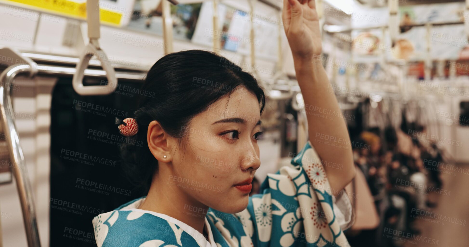 Buy stock photo Japanese woman, travel or train in kimono on public transportation, vacation or metro bullet in urban city. Person, trip or traditional clothes in locomotive, journey or commute in tokyo on adventure