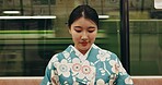 Japanese woman, happy and travel by train in kimono and public transport on metro bullet in city. Person, journey or traditional clothes in fast vehicle on weekend or commute in tokyo on adventure