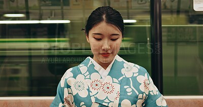 Buy stock photo Japanese woman, happy and travel by train in kimono and public transport on metro bullet in city. Person, journey or traditional clothes in fast vehicle on weekend or commute in tokyo on adventure