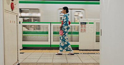 Buy stock photo Woman, waiting and travel by train in kimono and public transportation on metro bullet in city. Person, journey and traditional clothes in fast vehicle on weekend and commute in tokyo for adventure