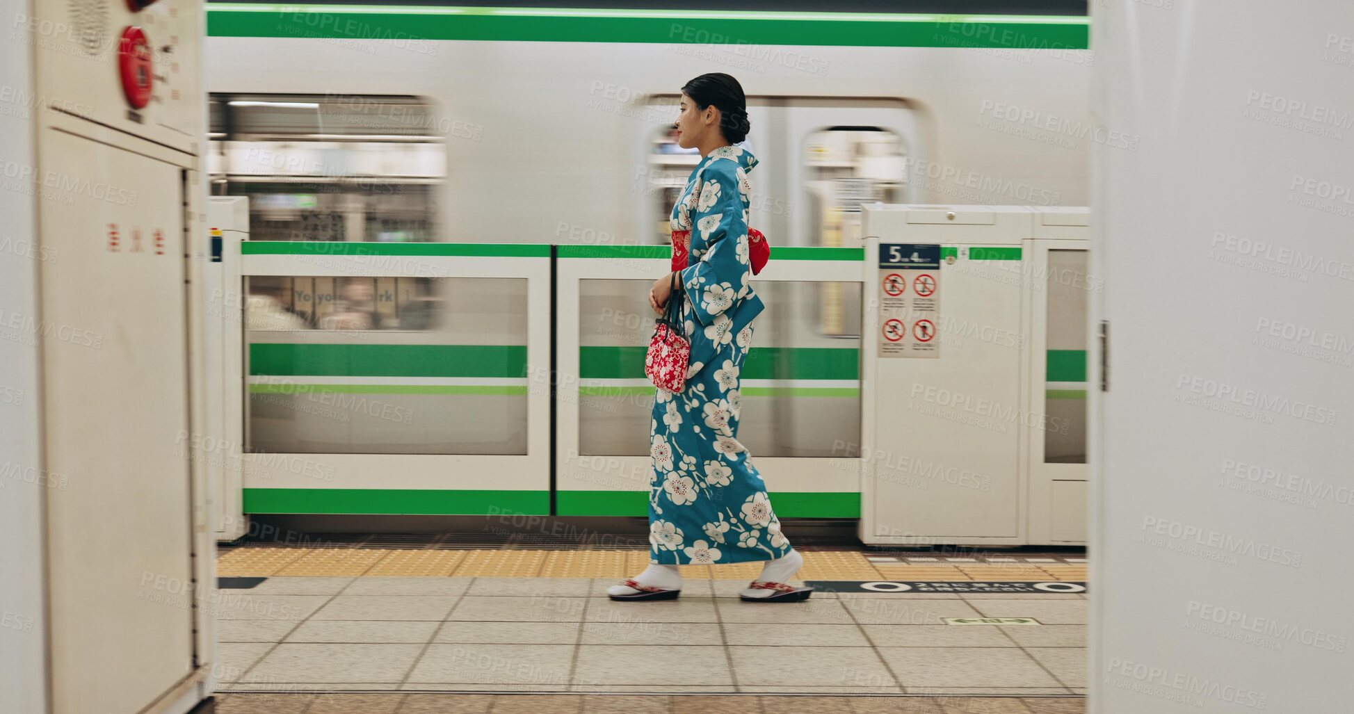 Buy stock photo Woman, waiting and travel by train in kimono and public transportation on metro bullet in city. Person, journey and traditional clothes in fast vehicle on weekend and commute in tokyo for adventure