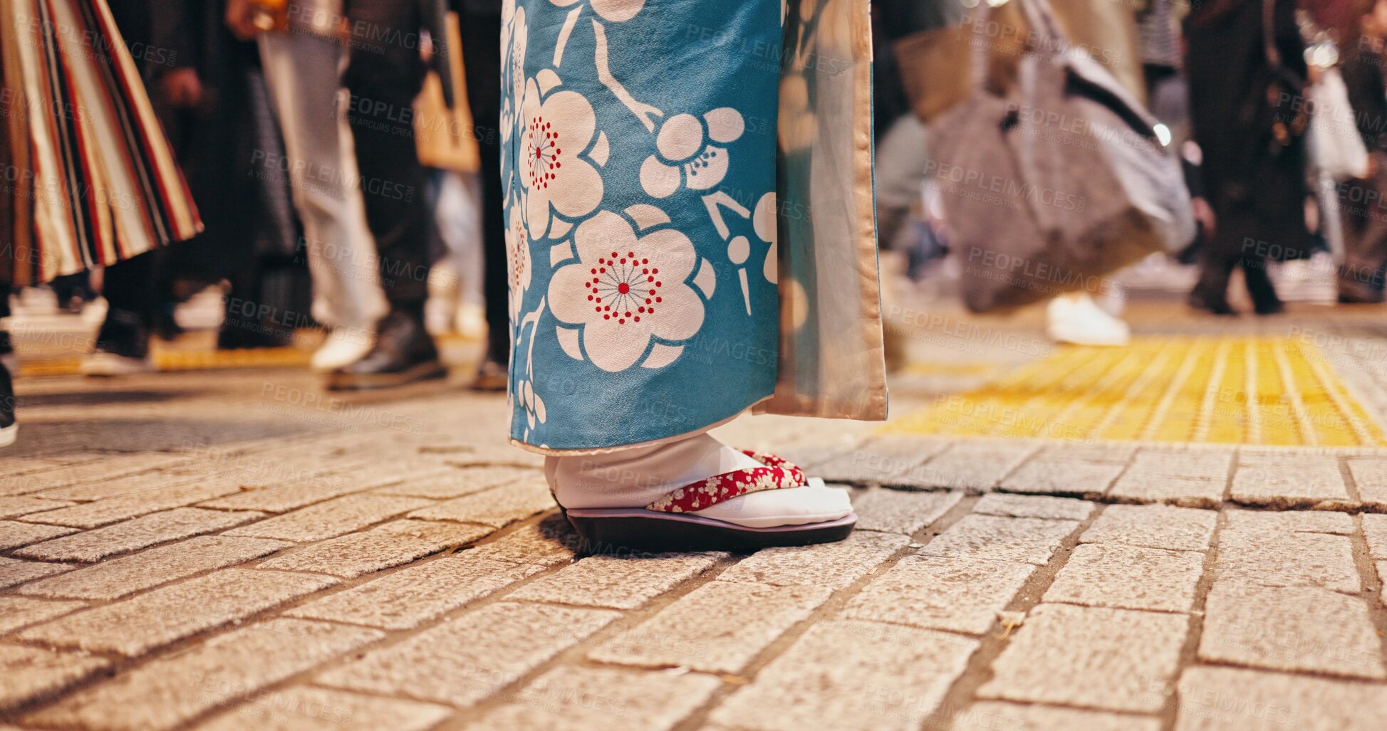 Buy stock photo Japanese woman, feet and city in kimono in sandals, spiritual journey and wellness in heritage by outdoor. Person, waiting or traditional clothes in tokyo on holiday or indigenous fashion in respect