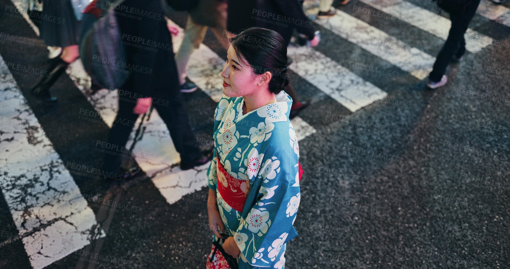 Buy stock photo Woman, Japanese traditional clothes and walk in city, view and travel with journey outdoor. Fashion, adventure and urban street in Kyoto, kimono or dress for culture and style with local trip