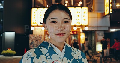 Buy stock photo Japanese woman, kimono or culture in portrait at night, city or fashion on heritage celebration. Young person, face or traditional clothes in tokyo in beauty, wellness or pride in indigenous style