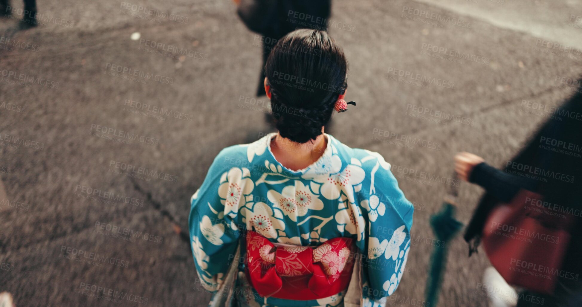 Buy stock photo Japanese woman, kimono and travel on city for culture, respect and religion in heritage celebration. Young person, relax or traditional clothes in tokyo by back, steps or beauty in indigenous fashion