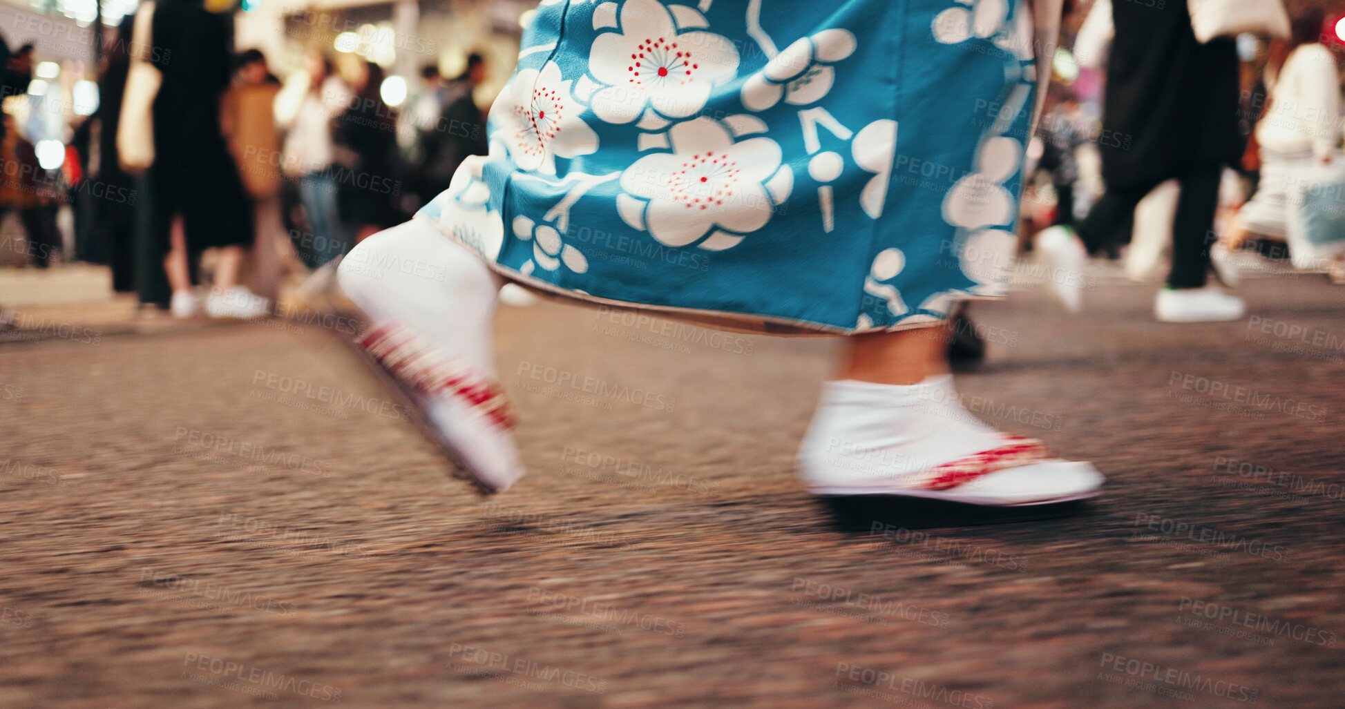 Buy stock photo Japanese woman, feet and walking in kimono in city, journey and wellness for heritage on road. Person, blur or traditional clothes in tokyo street on holiday or sandals for travel in japan fashion