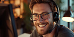 Portrait, call center and man consulting with headphones for customer service, help or telemarketing. Happy, confident and consultant agent talking with headset for support, sales or online advice