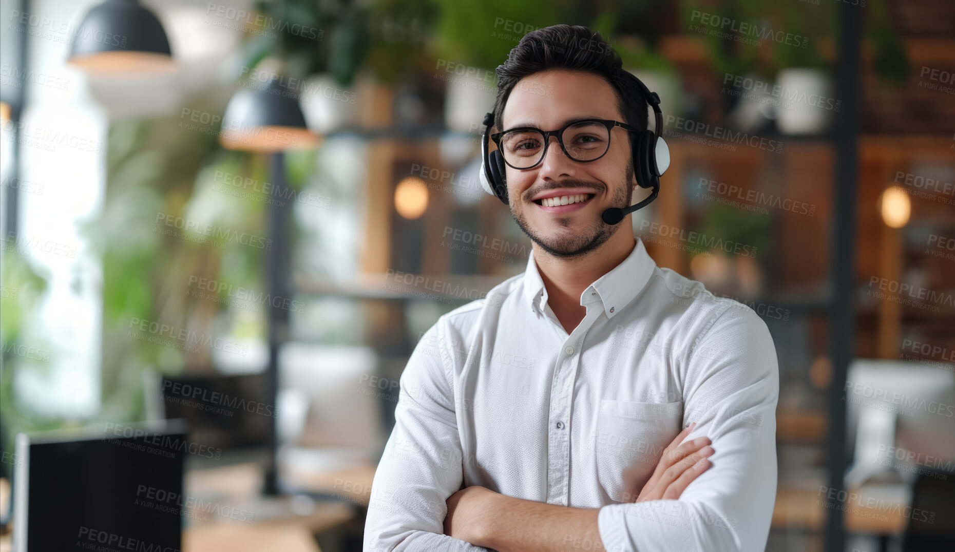 Buy stock photo Portrait, call center and man consulting with headphones for customer service, help or telemarketing. Happy, confident and consultant agent talking with headset for support, sales or online advice