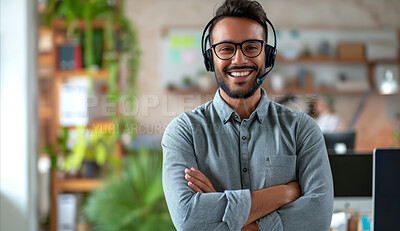 Portrait, call center and man consulting with headphones for customer service, help or telemarketing. Happy, confident and consultant agent talking with headset for support, sales or online advice