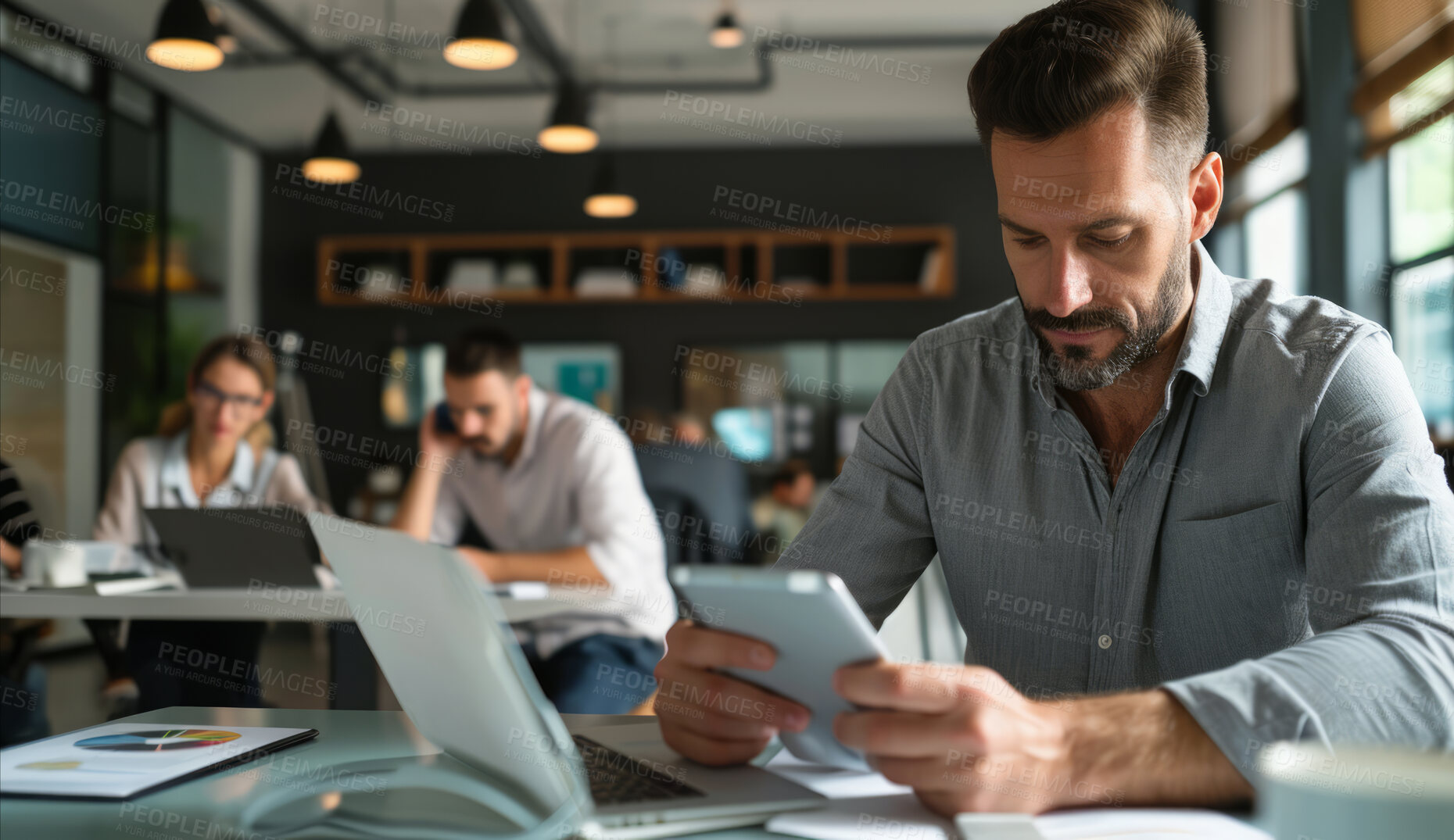 Buy stock photo Man, boardroom and holding a tablet in an office for collaboration, teamwork and corporate meeting. Confident, male executive sitting alone for finance planning, strategy and leadership in workplace