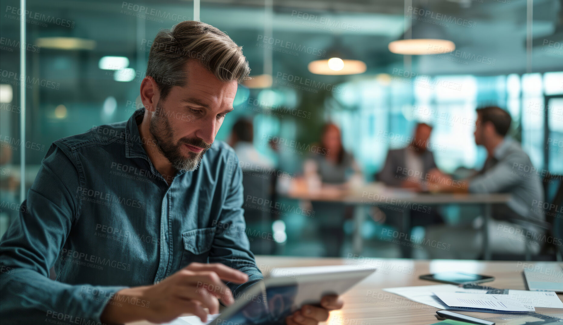 Buy stock photo Man, boardroom and holding a tablet in an office for collaboration, teamwork and corporate meeting. Confident, male executive sitting alone for finance planning, strategy and leadership in workplace