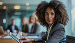 Woman, boardroom and business portrait in an office for collaboration, teamwork and corporate meeting. Confident, female executive sitting together for support, strategy and leadership in workplace