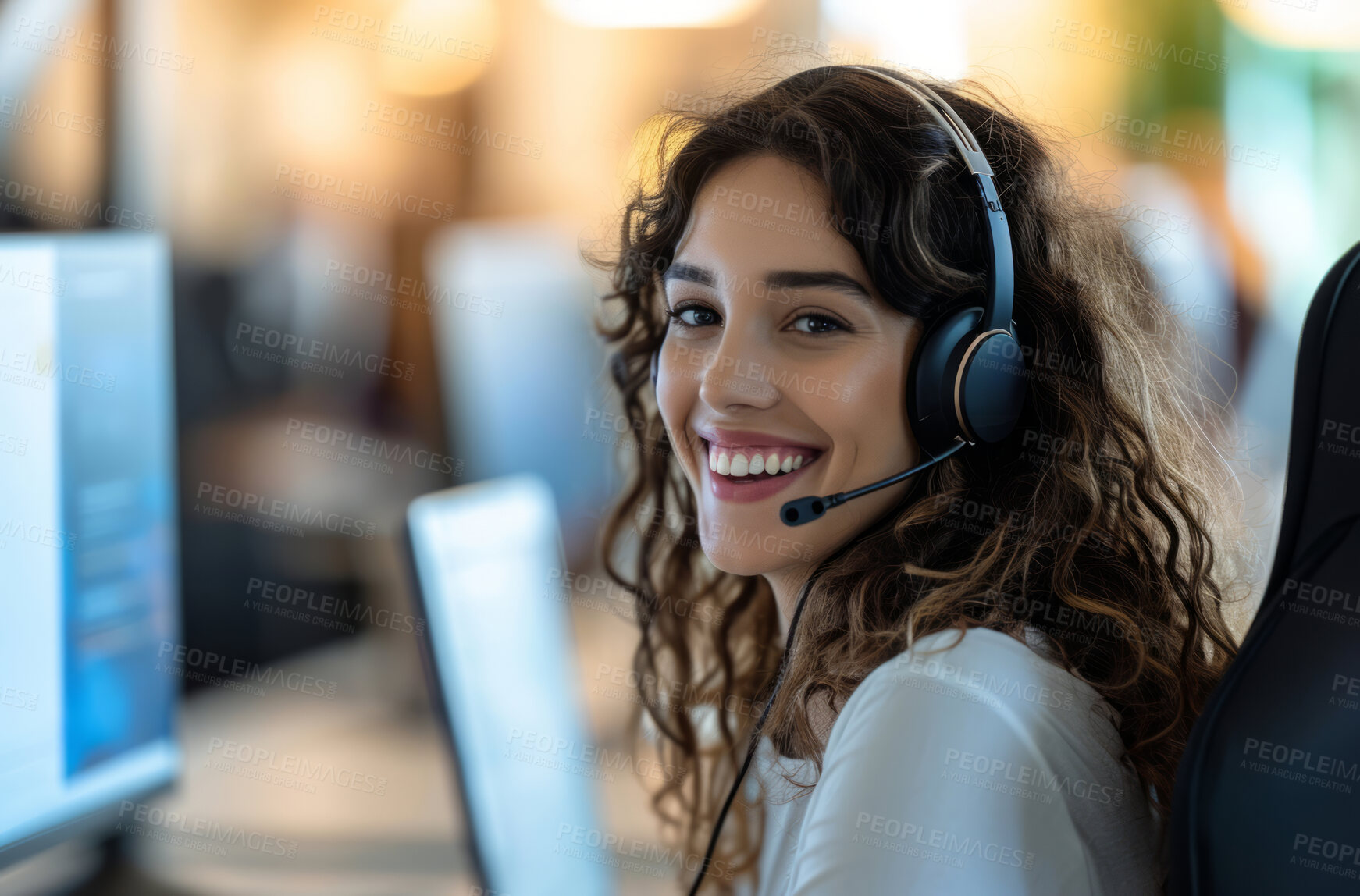 Buy stock photo Portrait, call center and consulting with headphones for customer service, help or telemarketing. Happy, confident and consultant agent talking with headset for support, sales or online advice