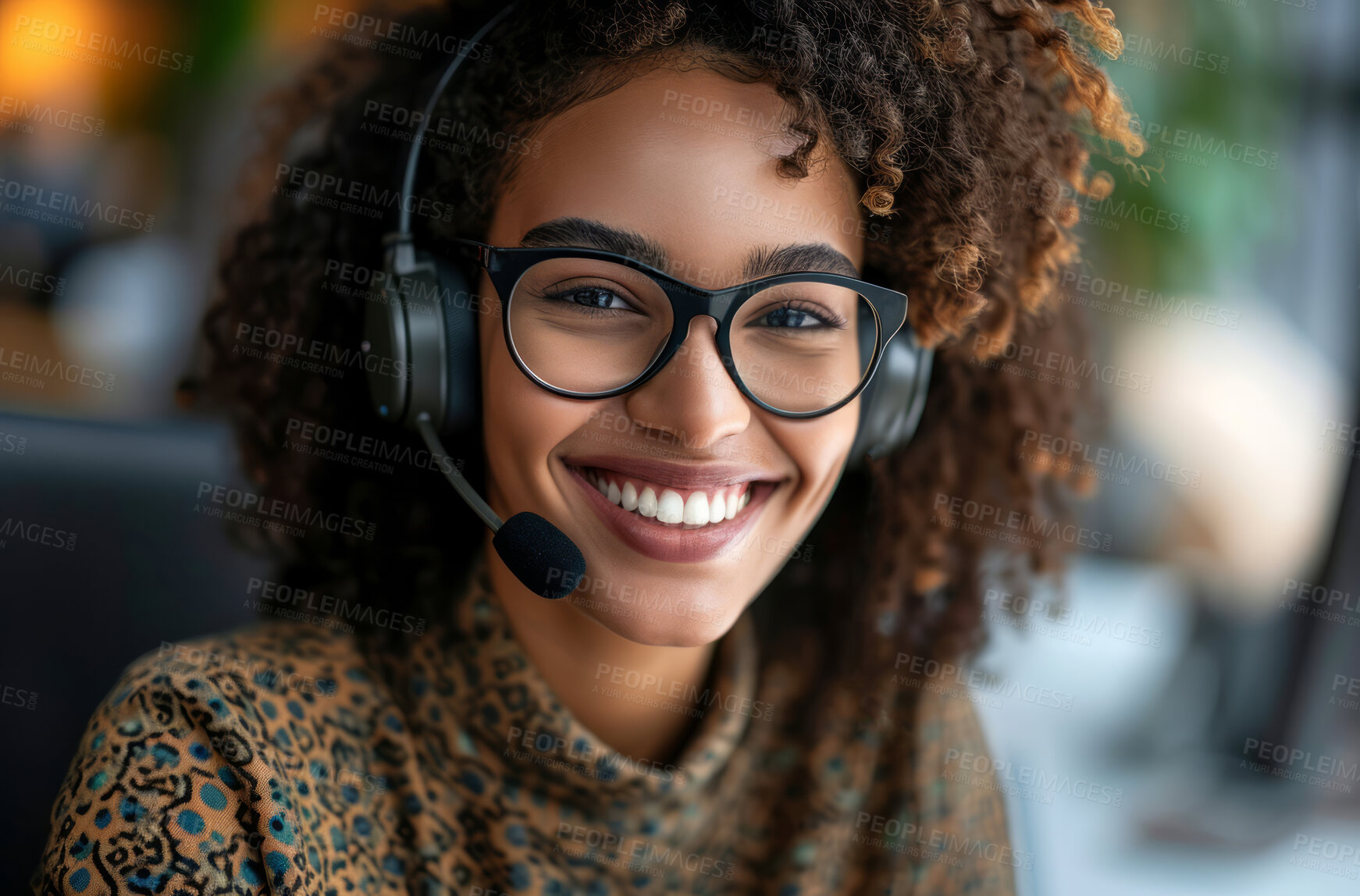 Buy stock photo Portrait, call center and consulting with headphones for customer service, help or telemarketing. Happy, confident and consultant agent talking with headset for support, sales or online advice