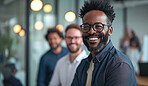 Group, portrait and business men in an office for collaboration, teamwork and corporate meeting. Confident, empowerment and diverse staff standing together for  support and leadership in workplace