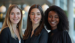 Group, portrait and business women in an office for collaboration, teamwork and corporate meeting. Confident, empowerment and diverse staff standing together for  support and leadership in workplace