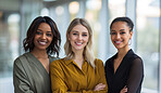 Group, portrait and business women in an office for collaboration, teamwork and corporate meeting. Confident, empowerment and diverse staff standing together for  support and leadership in workplace