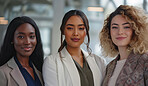 Group, portrait and business women in an office for collaboration, teamwork and corporate meeting. Confident, empowerment and diverse staff standing together for support and leadership in workplace
