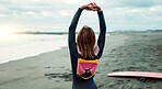 Surfer, beach and woman with stretching, fitness and vacation with getaway trip, workout and training. Person, Japan and girl with ocean, waves and exercise with warm up, muscle and wellness