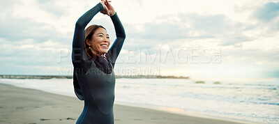 Buy stock photo Surfer, Japanese and woman stretching at beach, happy for fitness and extreme sports with ocean view, waves and travel. Flexibility, warm up and exercise outdoor, surf and nature with smile in Japan