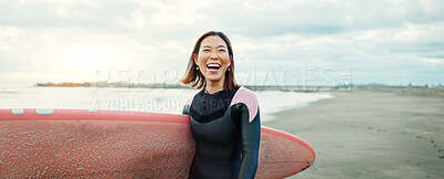 Banner, woman and excited for surfing at beach, sea and ocean for summer holiday, travel and adventure. Happy Japanese surfer laughing with surfboard for water sports, freedom and tropical vacation