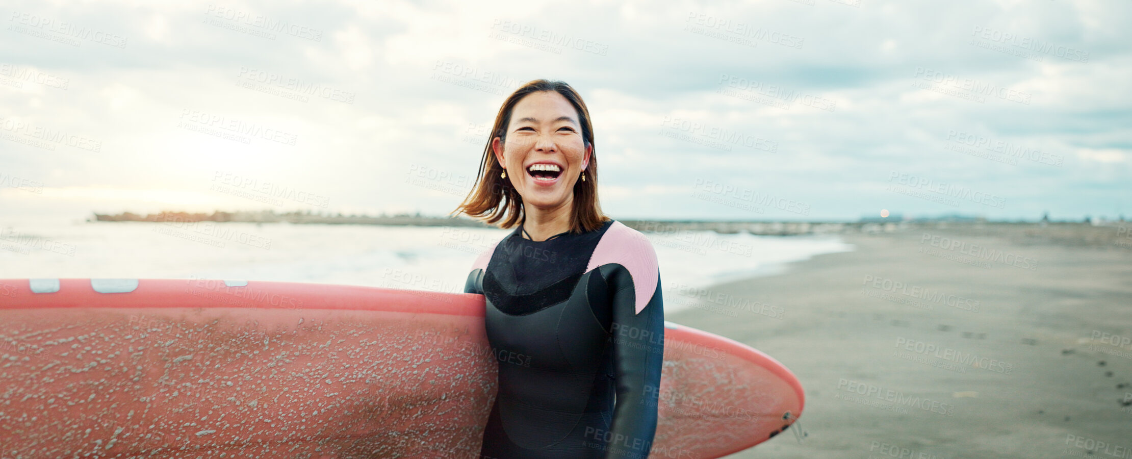 Buy stock photo Banner, woman and excited for surfing at beach, sea and ocean for summer holiday, travel and adventure. Happy Japanese surfer laughing with surfboard for water sports, freedom and tropical vacation 