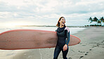 Woman, surfing board and laughing at beach, sea and ocean for summer holiday, travel adventure or hobby. Happy Japanese surfer excited for water sports, freedom or fun for tropical vacation on island