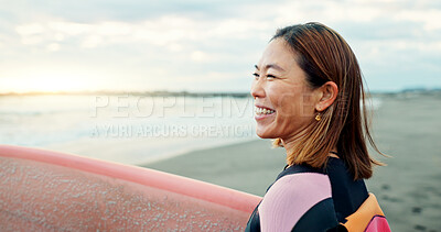 Happy, woman and surfer thinking at beach, sea and ocean for summer holiday, travel adventure or hobby. Japanese lady smile with surfing board for water sports, freedom or relax for tropical vacation