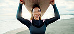 Banner, portrait and happy woman with surfing board at beach, sea and ocean on summer holiday, travel adventure or fun. Japanese surfer excited for water sports, freedom or hobby on tropical vacation