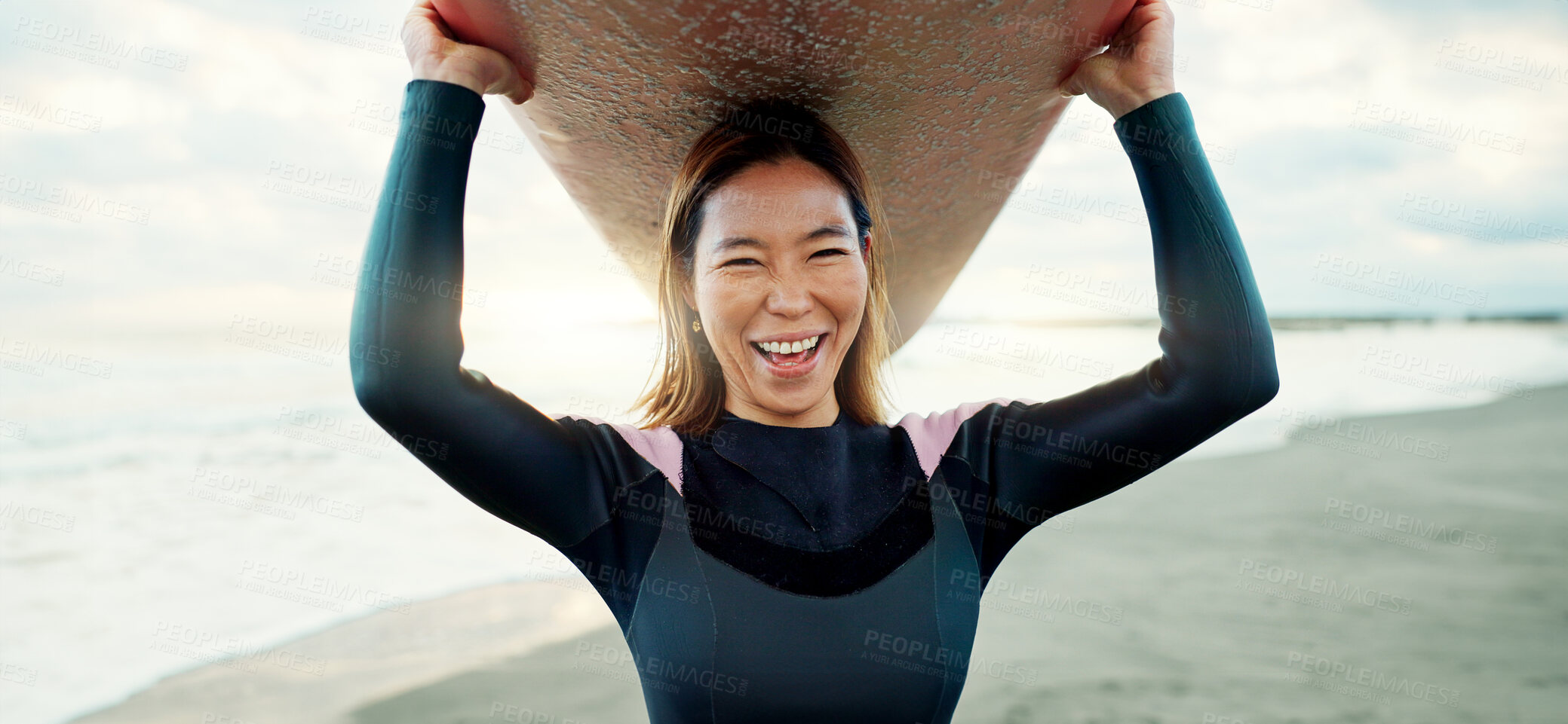 Buy stock photo Happy, portrait and woman with surfing board at beach, sea and ocean on summer holiday, travel adventure and fun. Japanese surfer excited for water sports, freedom and hobby on tropical vacation 
