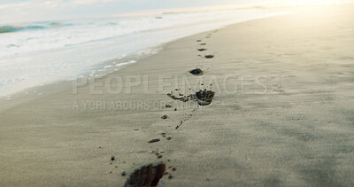 Buy stock photo Footprints in sand, beach and ocean with sunrise, light and environment, travel and closeup with tropical landscape. Sun, nature and sea, waves and destination for vacation, outdoor and mockup space